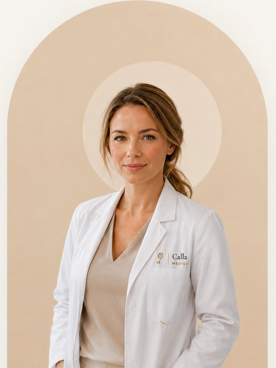 Dr. Emma van Dijk, BIG-geregistreerd arts bij Calla Medical, in witte jas tegen een crèmekleurige boog